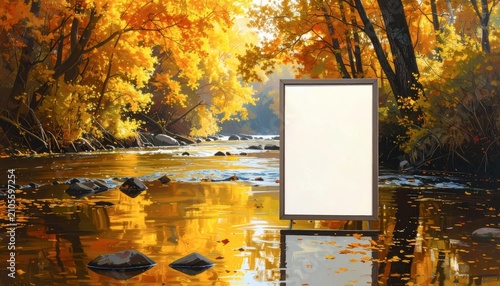 Autumn Forest River Scene with Blank Frame Reflection.