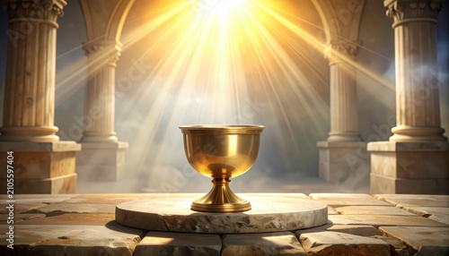 Golden Chalice with Divine Light in Ancient Temple.