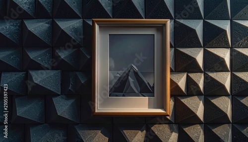 Framed Mountain Art on Geometric Textured Wall.