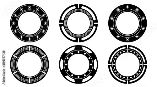 Set of six black porthole frames with industrial geometric patterns, nautical window borders, metallic texture effects, circular vector design