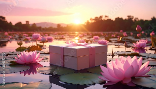 Gift Box Floating on Pink Water Lilies at Sunset.