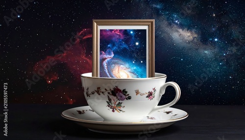 Vintage teacup with cosmic galaxy frame on dark background.