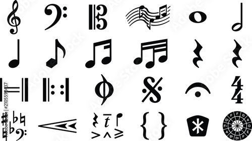 Cuadro en lienzo Music Symbols and Musical Notation Icons Collection Black Vector Silhouette Desi