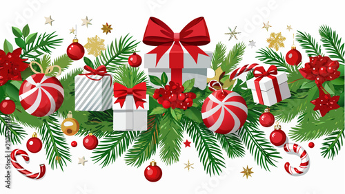 Festive Christmas Tree with Red and Gold Baubles Ribbons and Holiday Decorations for Winter Celebration and New Year Greeting Card Design