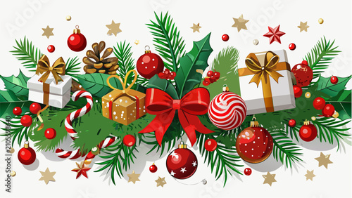 Festive Christmas Tree with Red and Gold Baubles Bells and Holiday Ornaments for Winter Celebration and New Year Greeting Design