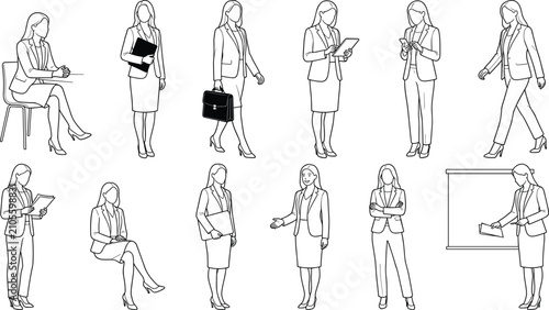 Businesswoman Line Art Character Set with Professional Office Poses and Corporate Activities Collection
