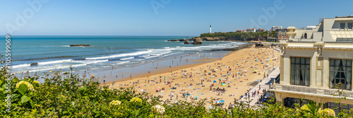 Panoramic view looking down the Grande Plage beach in Biarritz, France