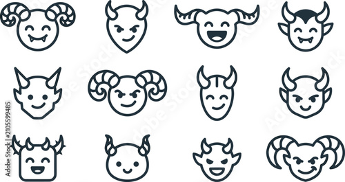 Tableau sur toile Devil and Demon Face Line Icon Set Featuring Monsters with Various Horns Express