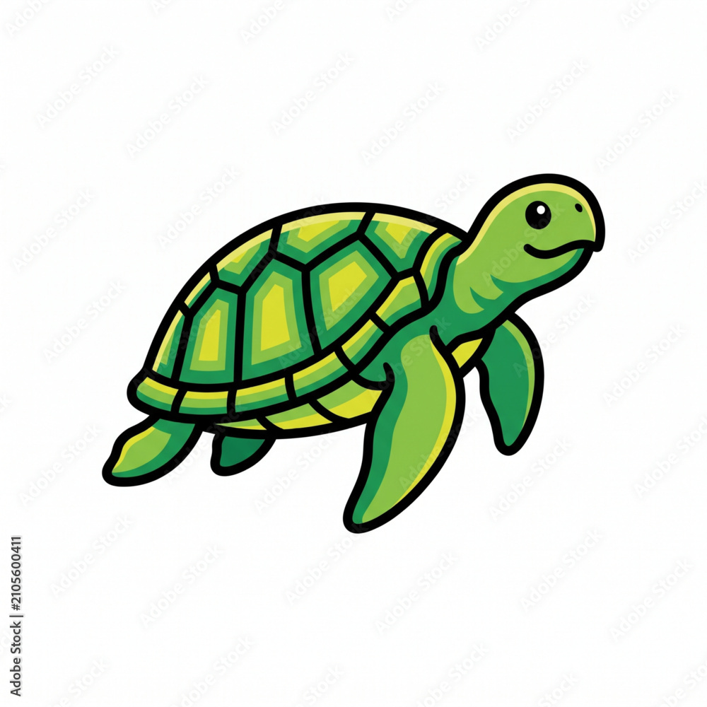 Fototapeta premium Cute cartoon green sea turtle swimming, vector illustration, isolated on white background, ocean animal character