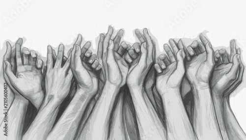 Bild auf Leinwand A multitude of hands reaching upwards in a gesture of hope, prayer, or supplication, rendered in a monochromatic sketch style