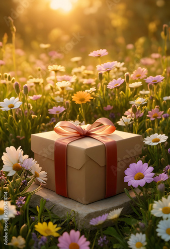 Brown gift box with red rib...