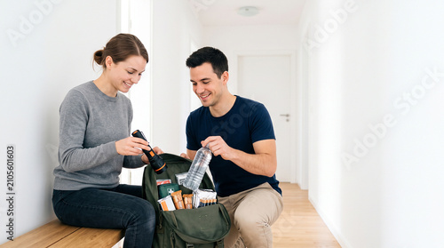 Couple packing emergency kit with essential supplies for home disaster preparedness and safety
