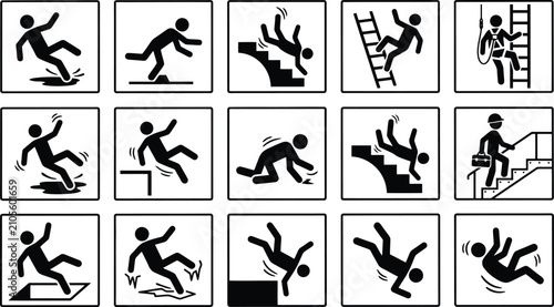 Safety warning icons set showing various accident risks including falling slipping and tripping in workplaces