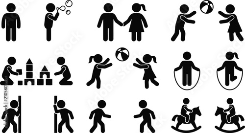 Children playing icons set showing boys and girls in various fun recreational activities and games
