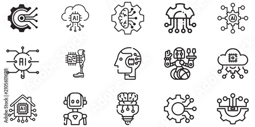 Artificial Intelligence & Robotics Line Icons Set | AI, Machine Learning, Smart Robot, Automation and Cloud Computing Outline Vector Collection