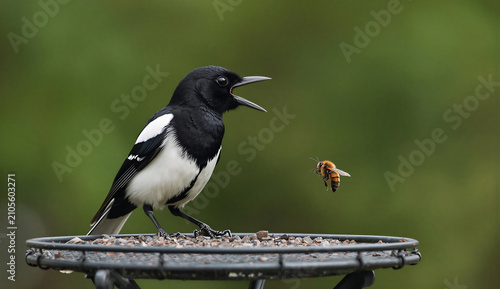 A black and white bird perched on a bird feeder, surrounded by greenery in a serene outdoor setting.
