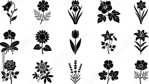 Φωτογραφία A collection of fifteen black flower silhouettes arranged in a grid, featuring v