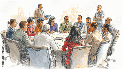 Foto An illustration of a diverse group of professionals engaged in a business meeting around a large conference table