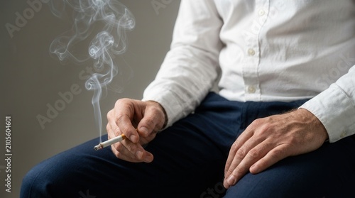 Midsection of a man sitting and holding a cigarette in his hand.