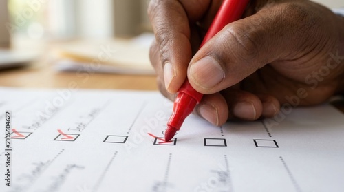 Close up of a person marking a check mark with a red pen on a form.