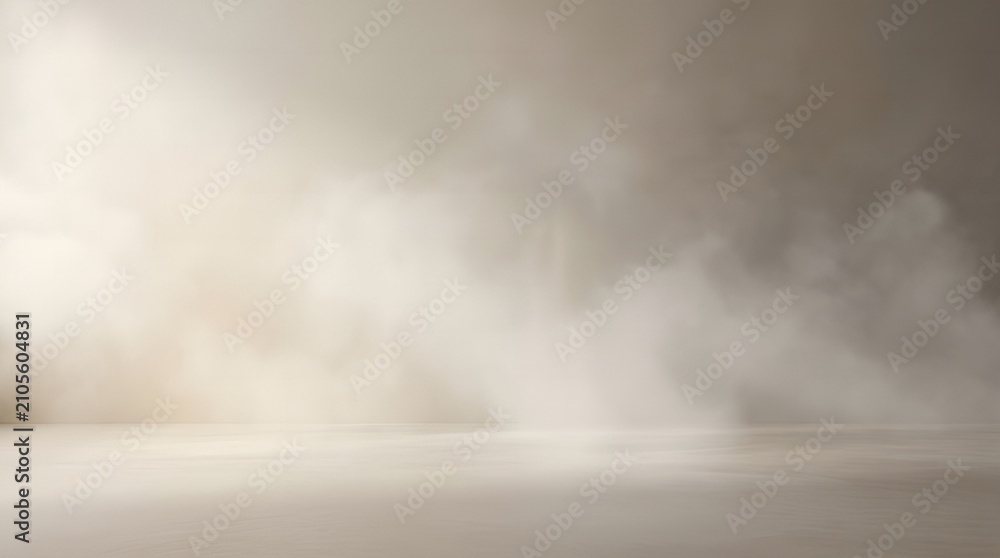 Fototapeta premium Cinematic Abstract Smoke and White Fog on Warm Neutral Studio Floor with Soft Volumetric Light Rays