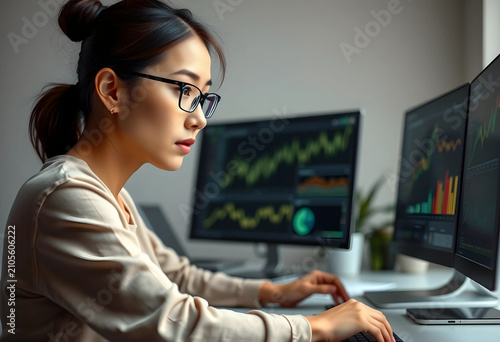 Focused asian woman wearing...