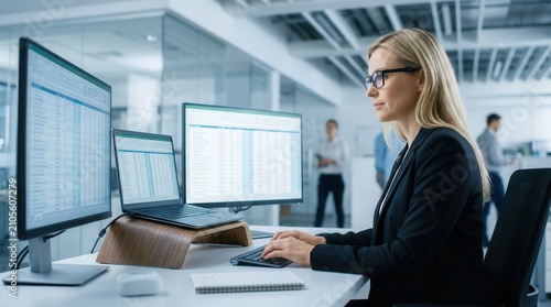 A female specialist reviewing medical billing data and spreadsheet reports at a computer workstation