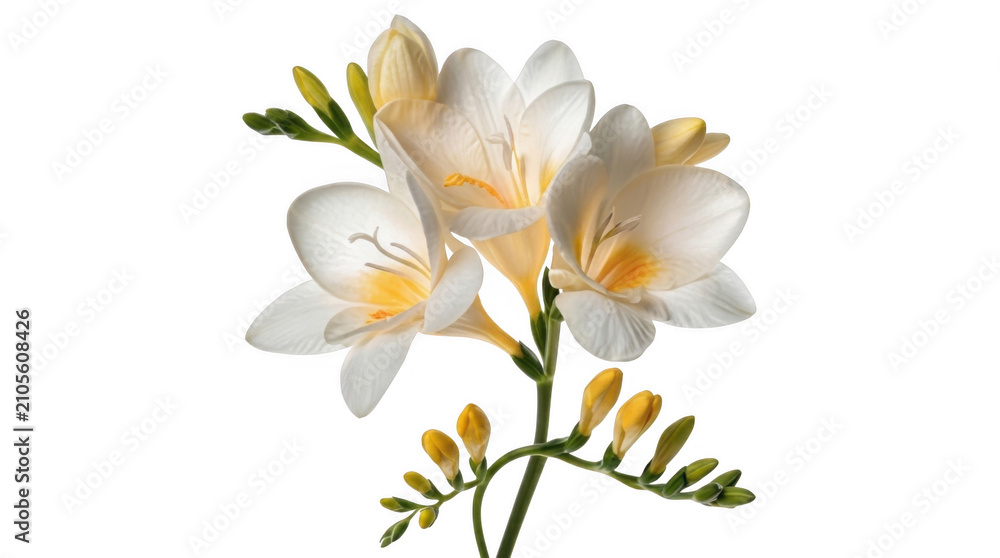 Fototapeta premium Beautiful white freesia flowers with yellow centers on a green stem isolated on transparent background