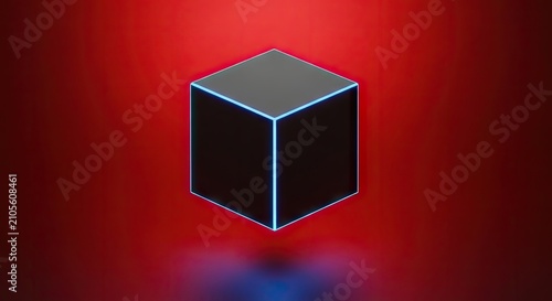 Floating black cube with blue neon edges on red.