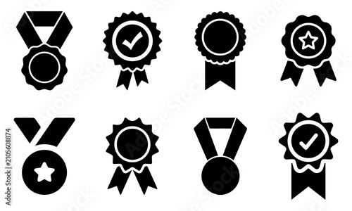 A premium collection of black award medal, badge, ribbon, and achievement vector icons designed in a clean, bold silhouette style.