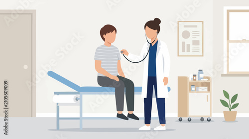 Schilderij op canvas Doctor examining patient with stethoscope in medical examination room