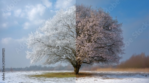 The tree is half in winter and half in spring