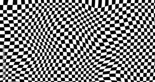 4k Resolution Video: Optical Illusion, Visual Distortion, Digital Motion, Psychedelic Pattern And Dynamic Wave Concept. Trippy Warped Black And White Animated Checkerboard Background