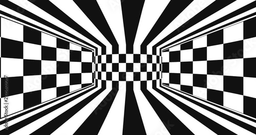 4k Resolution Video: Optical Illusion Retro Game Concept. Black And White Checkerboard Tunnel With Distorted Perspective, Geometric Pattern And Hypnotic Depth