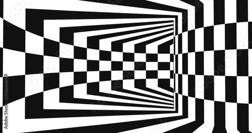 4k Resolution Video: Optical Illusion Retro Game Concept. Black And White Checkerboard Tunnel With Distorted Perspective, Geometric Pattern And Hypnotic Depth