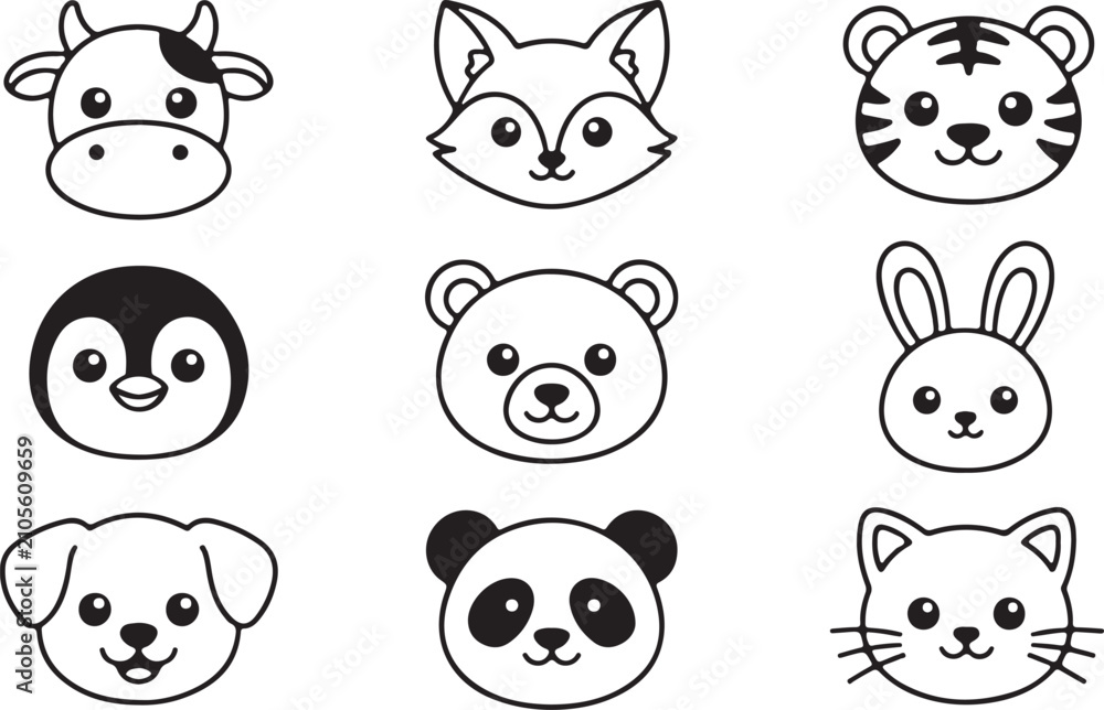 Naklejka premium Black and white outline set of cute animal head icons with character collection coloring domestic