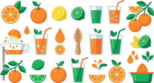 Foto Citrus Fruit and Fresh Juice Vector Element Set Featuring Oranges Lemons Limes J