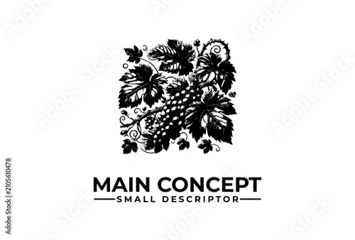 Grapevine illustration showcases ripe fruit clusters and curling tendrils rendered with classic etched precision, serving as an ideal visual for wine labels, organic menus, or agricultural branding.