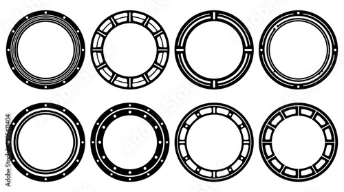 Set of eight round porthole frames in black outline style, nautical decorative elements for maritime design, flat circular borders with bolts