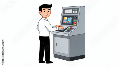 Cartoon man working on industrial control panel with digital screens and buttons in a modern technical environment