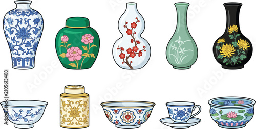Φωτογραφία Chinese Porcelain Ceramic Collection with Floral Vases Tea Cup Bowl Canister and