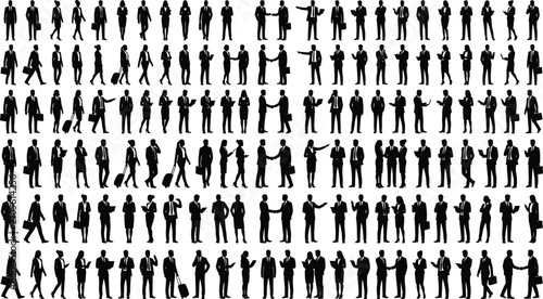 Business professional silhouettes in formal attire showing teamwork, communication, and corporate interactions