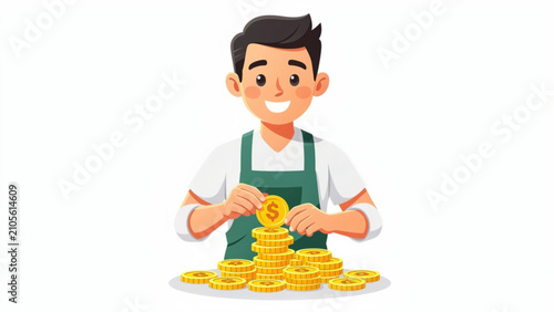Young man wearing apron and smiling while stacking gold coins with dollar symbol on top representing financial growth and savings in a bright scene