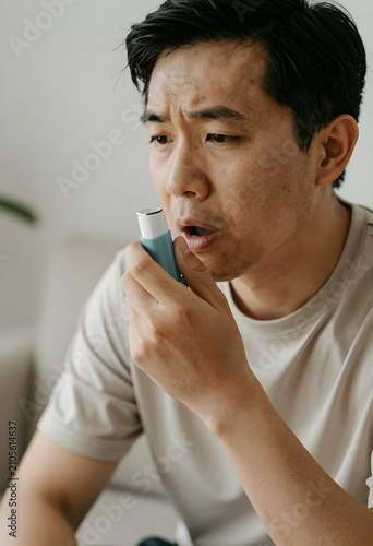 Asian man using an asthma i...