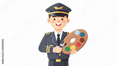 Cheerful male airline pilot in uniform holding a colorful paint palette and brush smiling against white background
