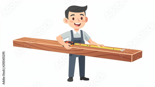 Young boy measuring wooden plank construction worker educational scene cheerful bright colors realistic style