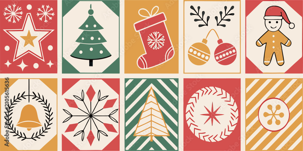 Fototapeta premium Geometric seamless pattern with chrismas icons elements for wrapping paper, background, wallpaper. Trendy modern contemporary abstract print.