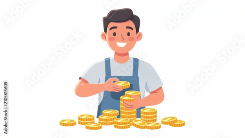 Happy boy with dark hair in casual clothes counting golden coins and stacking stacks of money for financial success and savings concepts