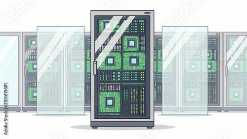 modern data center server rack with digital interfaces and cooling system for high tech infrastructure management