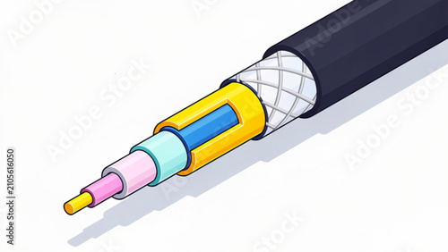 Close up view of a multi-layered electrical cable with different colored insulations and core conductors for industrial wiring applications